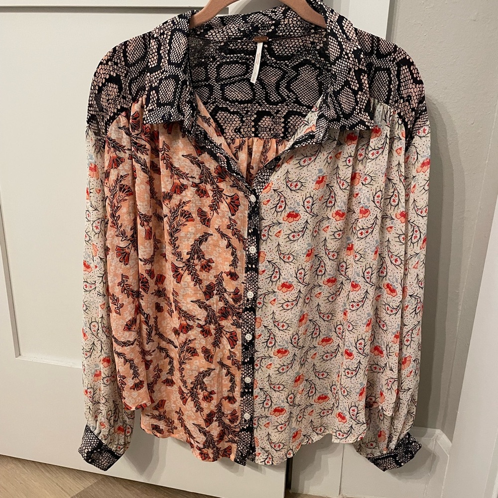 Free People Black and Pink Multi-Patterned Long Sleeve Button Down Blouse